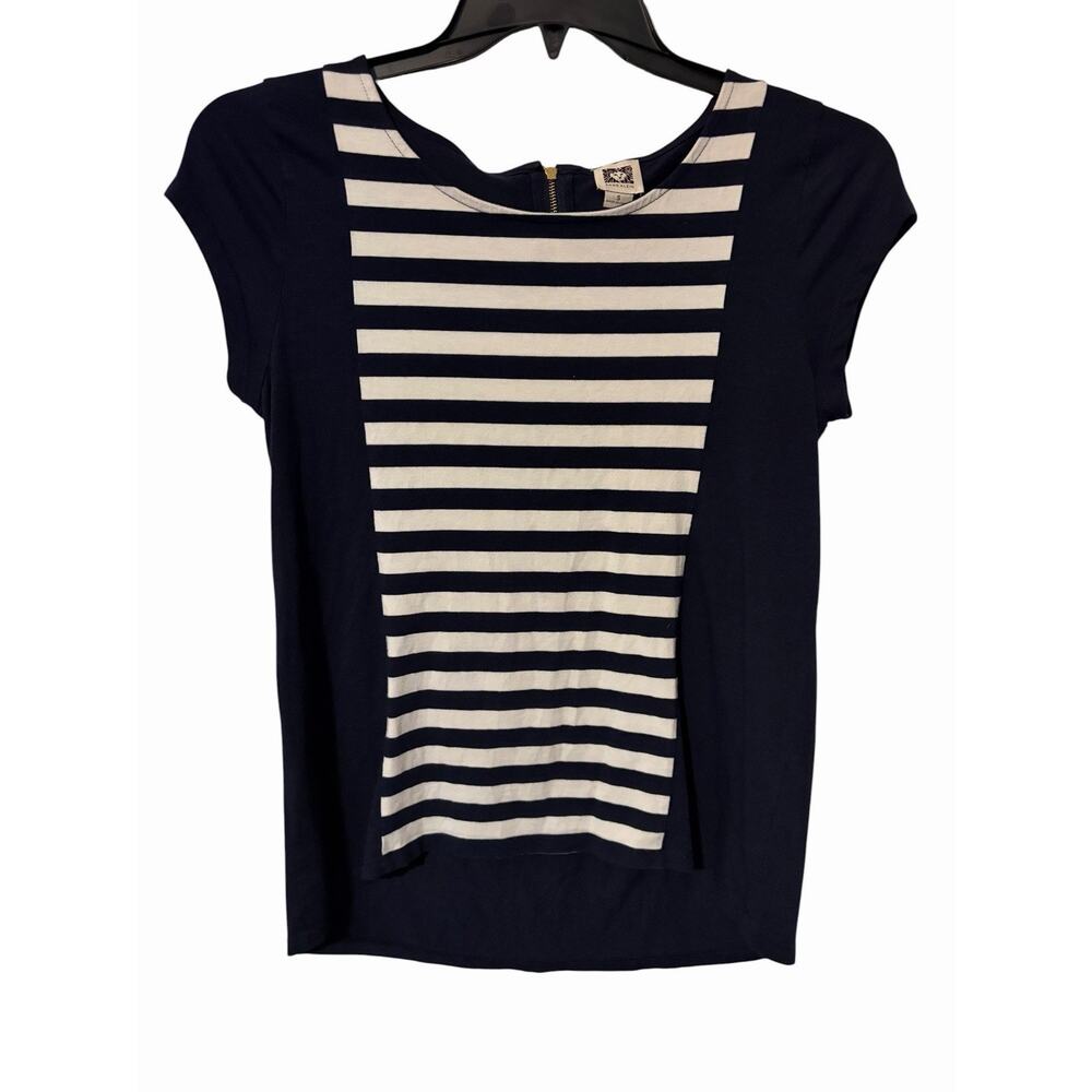 Anne Klein Navy White Stripe Zip Front Top Small Preppy Nautical Coastal Chic